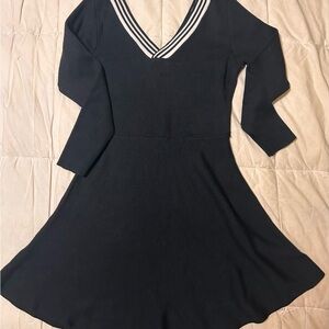 Black V-Neck Dress with Striped Collar